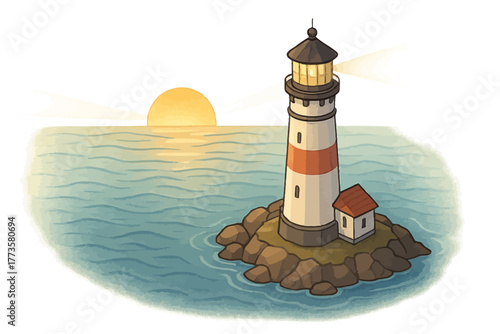 Sunset lighthouse on rocky island with calm ocean waves