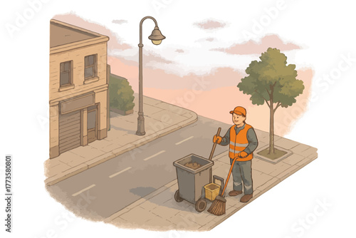 Young caucasian male street cleaner in orange vest on citysidewalk