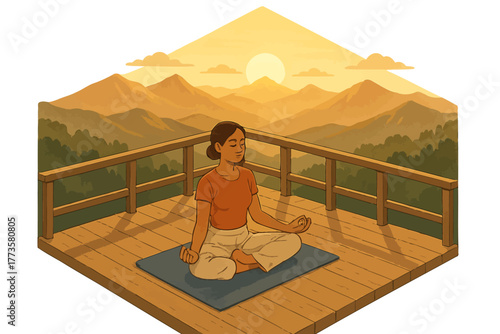 Young hispanic female meditating at sunrise on mountain deck