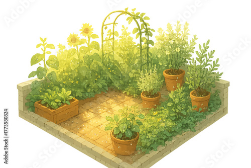 Charming small garden corner with potted plants and lush greenery