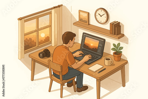 Young caucasian male editing photos on laptop at home office during sunset