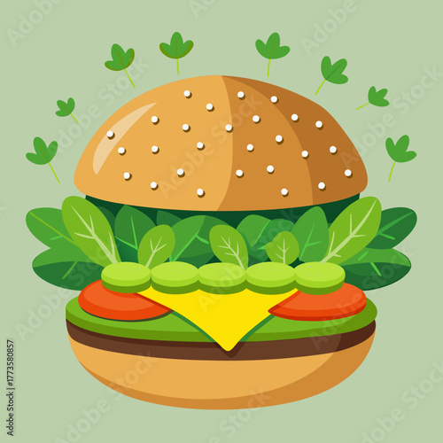 Burger Delight: An appetizing burger with fresh ingredients, a tempting and appetizing illustration that is sure to make your mouth water.