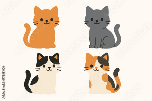 Cute cartoon cats collection: orange, gray, black-white, calico kittens