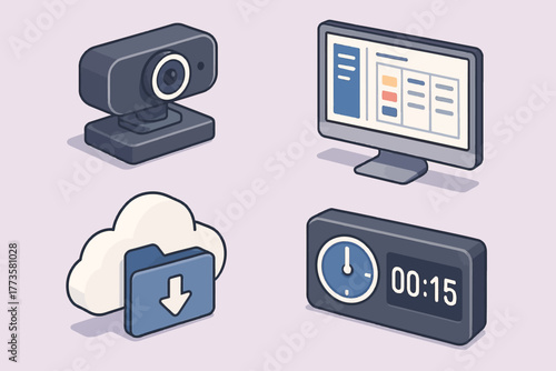 Isometric icons: webcam, computer screen, cloud storage, timer display