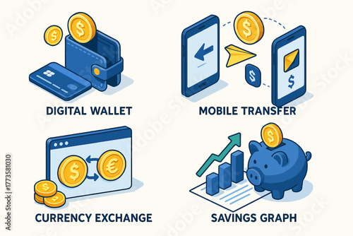 Digital wallet, mobile transfer, currency exchange, and savings graph icons