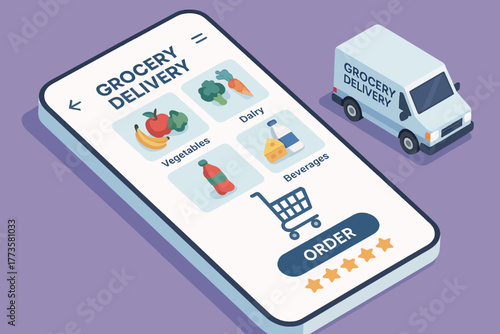 Online grocery delivery concept with app interface and delivery van