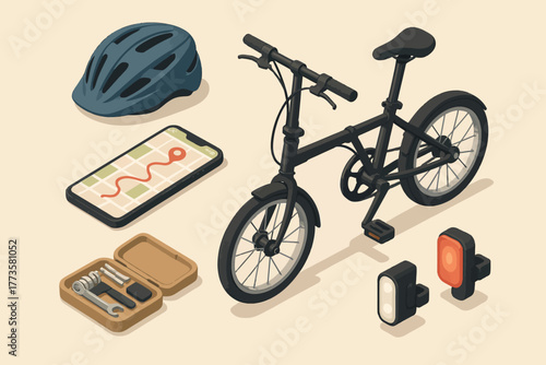 Compact foldable bicycle with accessories including helmet and toolkit