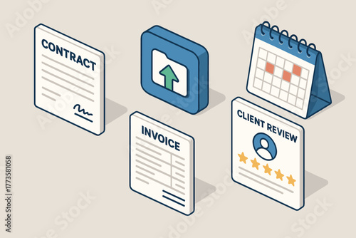 Isometric office documents: contract, invoice, and client review with calendar