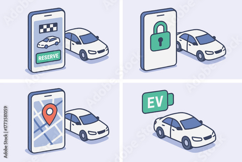 Car sharing and rental service concepts with mobile interface icons
