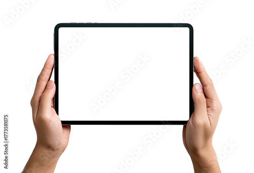 Hands holding a tablet with a blank white screen (1)