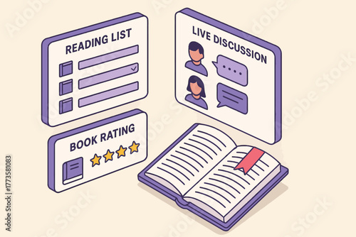 Illustrated online book club interface with reading list and live discussion elements
