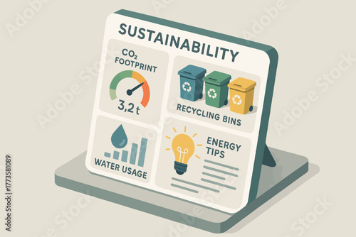 Sustainability display with co2 footprint, recycling bins, water usage, and energy tips