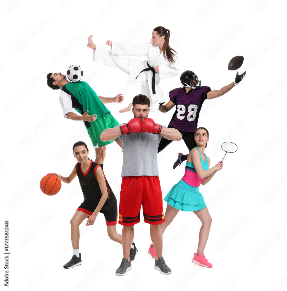 Fototapeta premium Sport activities. Different people in sportswear on white background, collage