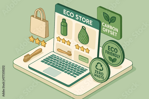 Online eco store concept featuring sustainable products and zero waste icons