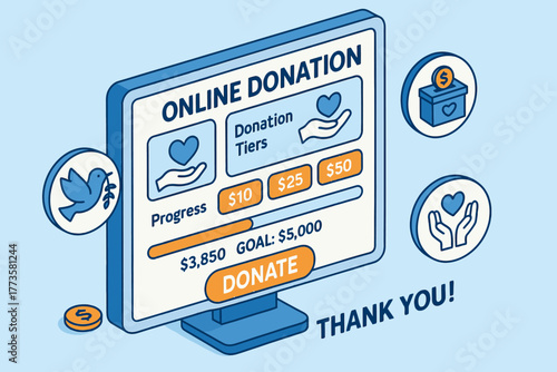 Online donation platform interface highlighting progress and donation tiers with thank you message