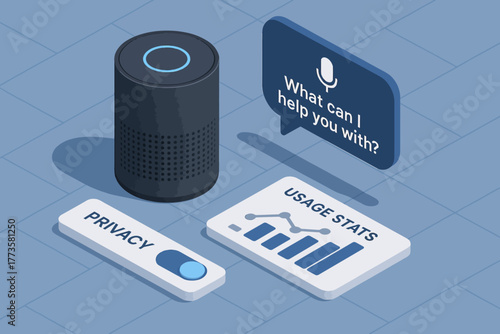 Smart speaker privacy and usage stats interaction icon with voice assistance