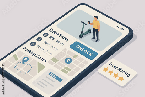 Young hispanic male on e-scooter ride with mobile app interface and user rating system