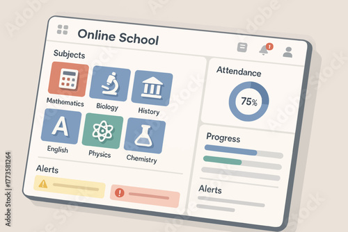 Online school dashboard interface with subjects and progress indicators