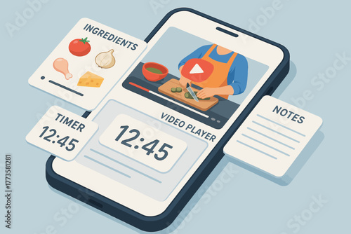 Culinary video player interface with cooking timer and notes on smartphone screen
