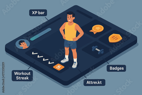 Male cartoon character in fitness app interface with xp bar and workout streak badges