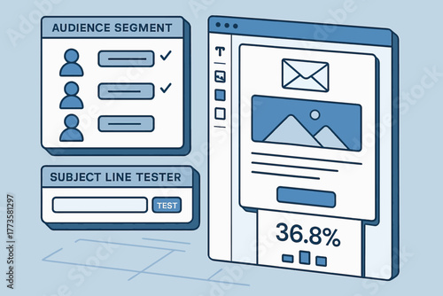 Email marketing dashboard with audience segmentation and subject line testing interface