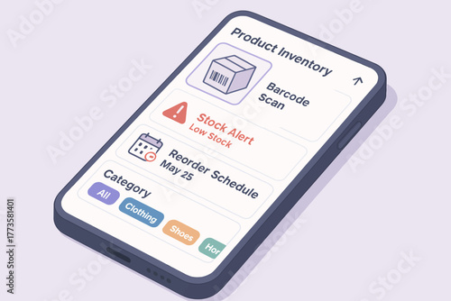 Smartphone displaying inventory management app with barcode scan and low stock alert