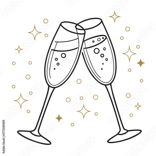 Two elegant champagne glasses clinking together with golden stars and bubbles for celebration