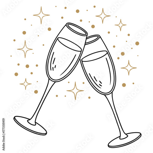 Two elegant champagne glasses clinking together with gold stars and confetti celebrating a special occasion