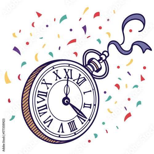 Vintage pocket watch with roman numerals surrounded by colorful confetti celebrating new year s eve countdown