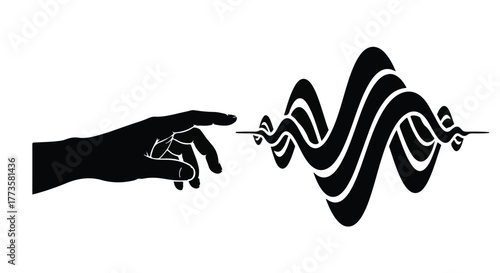 Human touch connecting with abstract sound waves and data flow