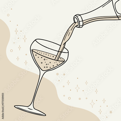 Minimalist line art illustration of sparkling wine being poured into a glass with abstract background elements