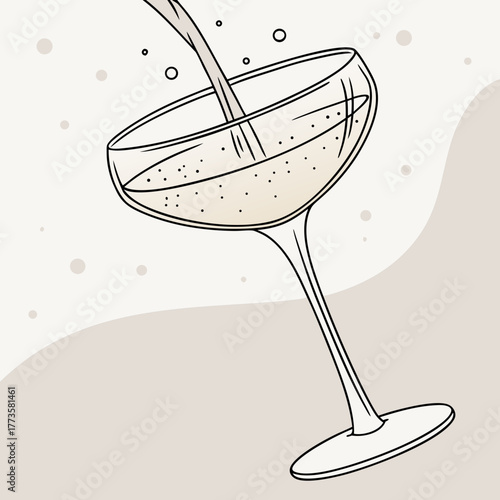 Elegant champagne coupe glass filled with bubbly golden liquid and bubbles rising in a minimalist style