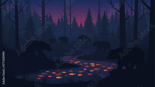 twilight_forest_scene_bears_stream_colored_fish_silhouette_landscape