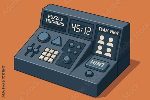 Retro puzzle game console with timer and hint button on orange background