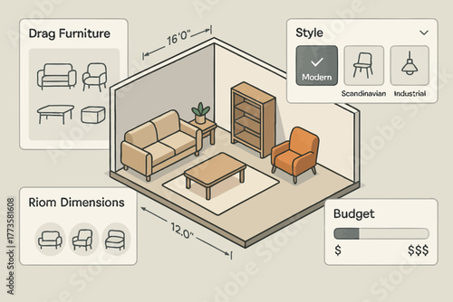 Modern living room design with customizable furniture and style options
