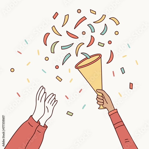 Hands celebrate with confetti popper explosion and cheering hands for party and festive occasions