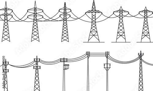 High voltage transmission towers vector illustration, electrical power lines, utility poles, energy distribution network, black and white engineering drawing design