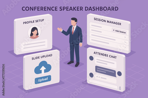 Conference speaker dashboard interface with session manager and chat features