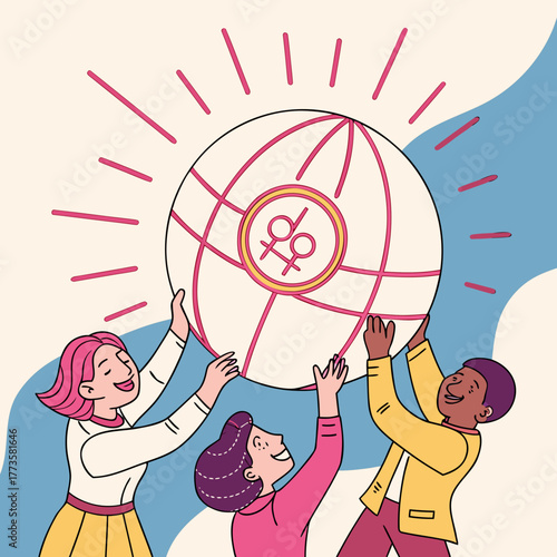 Diverse group of people holding up a globe with female symbols representing global empowerment and unity
