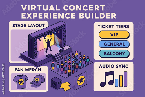 Virtual concert experience builder with stage layout, ticket tiers, fan merch, and audio sync