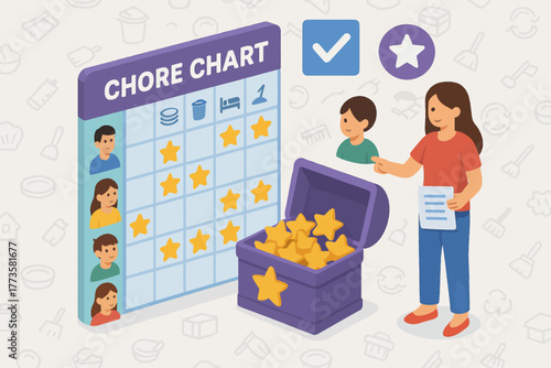 Illustrated family chore chart with reward system for kids