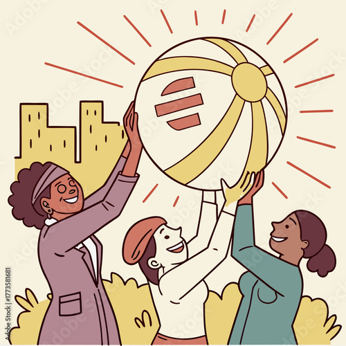 Diverse group of women joyfully holding up a large beach ball with a euro symbol against a city skyline