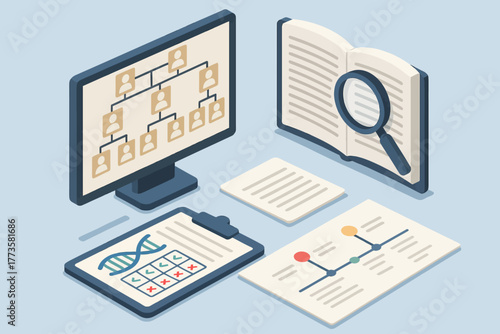 Isometric concept of digital genealogy research with family tree and dna analysis