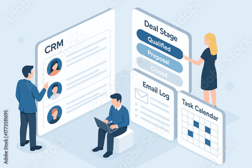 Business team analyzing crm data and task management