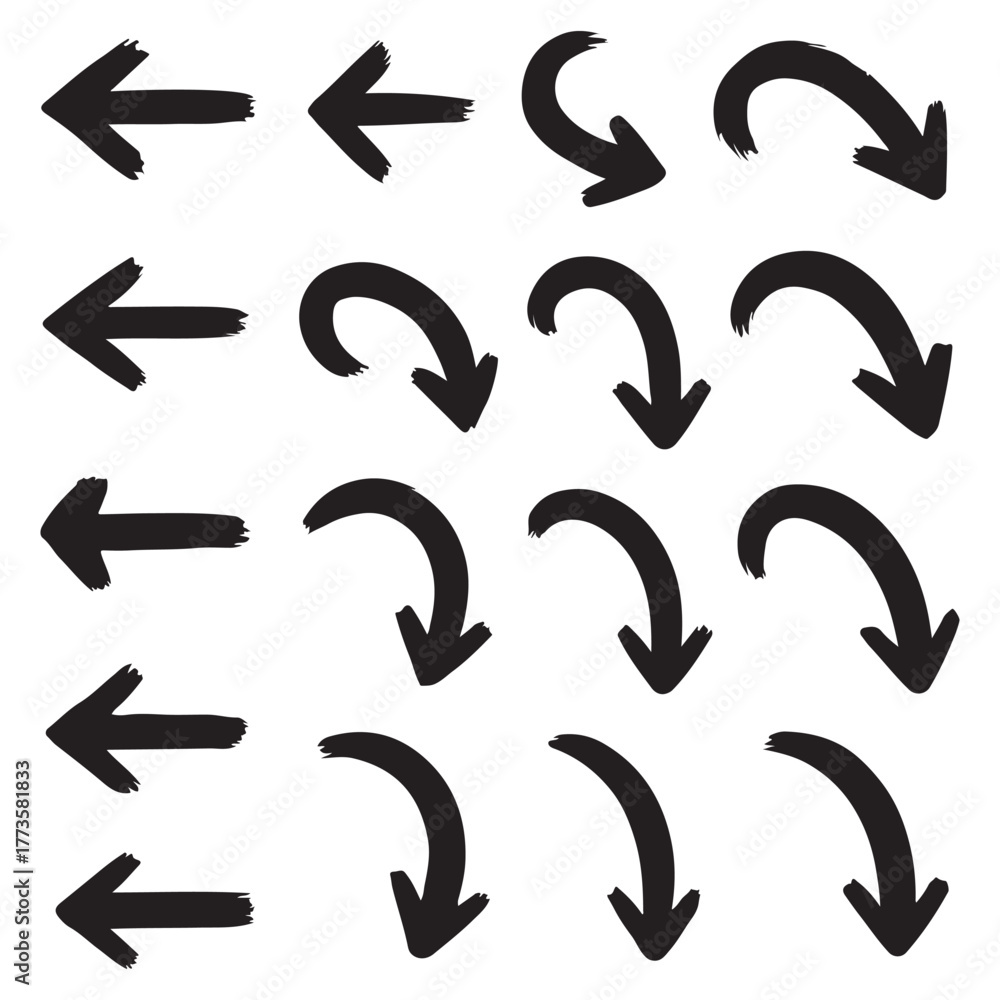 Obraz premium Black Hand Drawn Arrow Set Directional Brush Stroke Icons