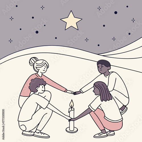 Diverse group of friends holding hands around a candle under a starry night sky