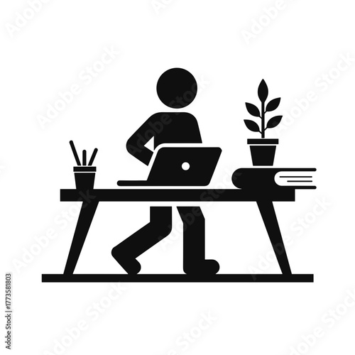 Isolated illustration of person working at desk, depicted as simple black silhouette. Isolated illustration shows worker with laptop, stationery, book, and plant in pot on tabletop.