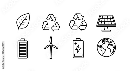 A collection of icons representing environmental sustainability and renewable energy sources.