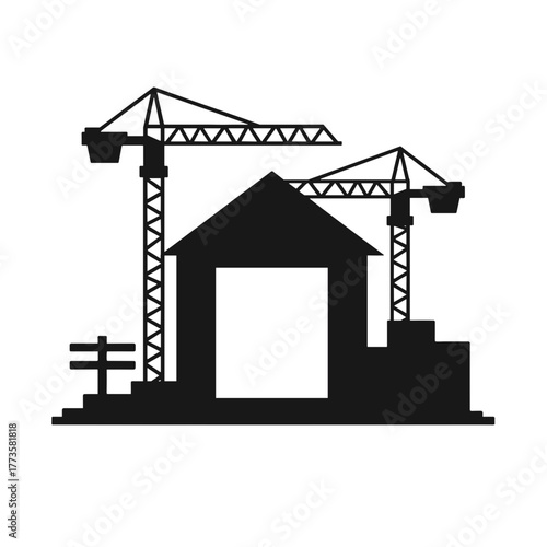 Isolated silhouette showing construction site with cranes and unfinished house. Construction site has heavy machinery, building materials, and skeletal house outline.