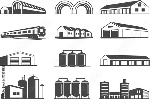 Industrial building icons vector set, factory, warehouse, silos, storage, train, logistics, isolated illustration for manufacturing, production design